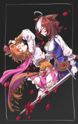  2girls ahoge amano_(amano_miko) animal_ears arm_around_waist armor bag between_breasts blue_dress blush breasts brown_hair cape closed_eyes corset crown double-parted_bangs dress ear_ornament ear_ribbon fingerless_gloves flower gloves gold hair_between_eyes hairband hand_on_own_forehead headband highres holding holding_sword holding_weapon horse_ears horse_girl horse_tail jewelry large_breasts long_sleeves medium_hair meisho_doto_(turbulent_blue)_(umamusume) meisho_doto_(umamusume) mini_crown multicolored_hair multiple_girls multiple_rings open_mouth orange_hair orange_tail petals pink_cape pink_crown pink_hairband pink_headband ring shirt short_hair shoulder_armor shoulder_bag skirt smile strap_between_breasts sword t.m._opera_o_(o_sole_suo!)_(umamusume) t.m._opera_o_(umamusume) tail thigh-highs two-tone_hair two-tone_skirt umamusume violet_eyes weapon white_dress white_gloves white_hair white_shirt white_thighhighs 