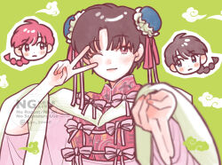  1boy 2girls ;) black_hair blue_eyes blush_stickers braid bun_cover chibi chibi_inset chinese_clothes closed_mouth cloud_background con_sonne double_bun dual_persona green_background hair_bun light_frown looking_at_viewer multiple_girls one_eye_closed pale_skin pink_eyes pink_hair pink_nails ranma-chan ranma_1/2 saotome_ranma short_hair single_braid smile tendou_akane v watermark wide_sleeves 