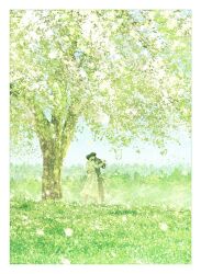  absurdres arm_around_waist bellta_(kimbellta) black_coat black_hair border coat commentary dancing day falling_petals full_body green_theme highres hill holding_hands kim_dokja omniscient_reader's_viewpoint open_clothes open_coat outdoors petals popped_collar short_hair standing symbol-only_commentary tree white_border white_coat wide_shot yoo_joonghyuk 