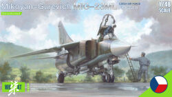  2boys aircraft airplane box_art czechoslovak_air_force fighter_jet helmet highres jeffholy ladder mig-23 military_vehicle multiple_boys open_cockpit original runway signature sky vehicle_focus wheel 