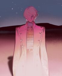  1boy belt belt_buckle black_belt buckle chinese_commentary closed_mouth coat commentary_request cowboy_shot devil_may_cry_(series) devil_may_cry_4 highres lapels lin09 long_sleeves male_focus nero_(devil_may_cry) night open_clothes open_coat outdoors short_hair sky solo turtleneck white_coat white_hair 