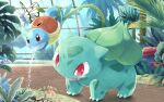  bright_pupils bulbasaur butterfree claws commentary_request fang leaf light_rays open_mouth plant pokemon pokemon_(creature) poliwag red_eyes smile soomee_n squirtle standing vileplume vines watering white_pupils 