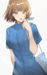  1girl absurdres ao_no_hako artist_name bag brown_eyes brown_hair collared_dress commentary dress hand_up highres kano_chinatsu knowname looking_at_viewer open_mouth pouch short_hair short_sleeves shoulder_bag smile solo 