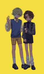  2boys 37mimi_aim :d aged_down bandage_over_one_eye black_shoes black_shorts blonde_hair blue_bow blue_bowtie blue_sweater_vest bow bowtie brown_eyes brown_hair daisy_(flower) florian_brand flower full_body grey_shirt hair_intakes highres holding holding_flower identity_v leg_warmers loafers looking_at_viewer male_focus matthias_czernin multiple_boys shirt shoes shorts side_part small_sweatdrop smile socks stitched_mouth stitches striped_blush suspenders sweater_vest waving white_leg_warmers white_shirt white_socks yellow_background yellow_eyes 