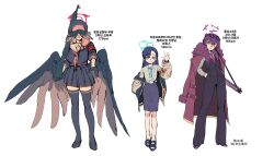  3girls absurdres aged_up alternate_breast_size_(larger) alternate_hair_length alternate_hairstyle aris_(blue_archive) bags_under_eyes black_hair black_pants black_thighhighs black_wings blue_archive blue_eyes bolt_action commentary_request fabarm_fp6 gun gun_sling hair_between_eyes hair_ornament halo haruka_(blue_archive) head_wings highres holding holding_gun holding_weapon jacket koharu_(blue_archive) korean_commentary long_hair low_wings multiple_girls neckerchief necktie p14_enfield pants pink_hair pleated_skirt print_jacket pump_action purple_hair red_necktie revision rifle sailor_collar school_uniform serafuku shirt shotgun skirt suit sukajan thigh-highs very_long_hair violet_eyes wasabee777 waving weapon white_shirt wings 