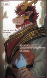  1boy artist_name cambrian42 chinese_clothes claws dragon_boy dragon_ears english_text furry furry_male hashtag-only_commentary highres holding_another's_wrist male_focus open_mouth profile red_hair tarjumdad_(threefold_recital) threefold_recital whiskers 