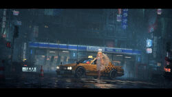  1girl 3d_background absurdres angel barefoot blonde_hair building car city cityscape coca-cola commentary_request convenience_store corded_phone crosswalk dress feathered_wings halo highres holding holding_phone lawson letterboxed long_hair motor_vehicle motorcycle night nissan nissan_skyline nissan_skyline_c10 original outdoors pepsi phone pointy_ears qi==qi reflection road scenery shop sleeveless sleeveless_dress solo spoiler_(automobile) standing taxi traditional_halo traffic_cone white_dress white_wings wide_shot wings yellow_car 