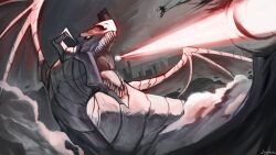  1boy above_clouds animal animal_focus black_sclera cliff clouds colored_sclera dragon full_body highres logicsterrr magic open_mouth oversized_animal shadow_slave sharp_teeth size_difference skyline smoke sunny_(shadow_slave) teeth white_eyes 