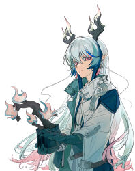  1boy absurdres arknights blue_hair blue_hands chinese_commentary closed_mouth colored_extremities commentary_request dragon_boy dragon_horns earrings eastern_dragon_horns flower_pot grey_hair hair_between_eyes highres holding holding_flower_pot horns jacket jewelry long_hair looking_at_viewer male_focus multicolored_hair ofuda_earrings pink_eyes plant pointy_ears potted_plant simple_background smile solo songshu_guan streaked_hair upper_body white_background white_jacket yi_(arknights) 