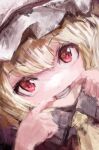  1girl absurdres ascot bangs blonde_hair close-up collared_shirt commentary fangs flandre_scarlet grin hat highres looking_at_viewer mob_cap mouth_pull nepperoni red_eyes shirt short_hair smile solo teeth touhou white_headwear yellow_ascot 