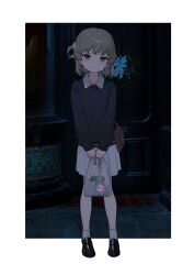  1girl absurdres bag bagged_fish black_shoes black_sweater blush border brown_bag brown_eyes brown_hair closed_mouth collared_shirt fish flower full_body goldfish hair_flower hair_ornament hair_rings hashtag-only_commentary hatoba_tsugu highres holding holding_bag light_smile loafers long_sleeves looking_at_viewer medium_hair mole mole_under_eye outdoors outside_border plastic_bag pleated_skirt shirt shoes shoulder_bag single_hair_ring skirt socks solo split_mouth standing sweater tsugu_(vtuber) v_arms virtual_youtuber white_border white_flower white_shirt white_skirt white_socks yuk1_(nonon_yukiii) 