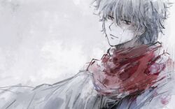  1boy bandaid bandaid_on_face closed_mouth commentary_request gintama grey_background grey_hair hair_between_eyes highres japanese_clothes kimono looking_at_viewer lushu_kuye male_focus messy_hair official_alternate_costume red_eyes red_scarf sakata_gintoki scarf smile solo upper_body wet white_hair 