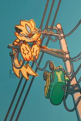  animal_nose blue_fur body_fur cable claws commentary english_commentary highres holding holding_cable multicolored_fur neck_fur no_humans outdoors petite_echorizon pokemon pokemon_(creature) power_lines sky two-tone_fur utility_pole v-shaped_eyes whiskers yellow_fur zeraora 