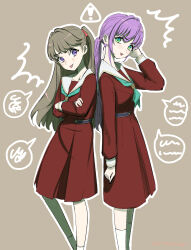  2girls :d ^^^ aqua_neckerchief back-to-back brown_background brown_hair commentary crossed_arms dress feet_out_of_frame fujishima_megumi green_eyes hair_intakes hand_on_own_ear hand_on_own_head hasu_no_sora_school_uniform highres link!_like!_love_live! long_sleeves love_live! low_ponytail medium_dress multiple_girls neckerchief official_alternate_hairstyle open_mouth otomune_kozue pleated_dress ponytail purple_hair red_dress renge_(042514) sailor_collar sailor_dress school_uniform sidelocks sign simple_background smile socks spoken_squiggle squiggle two_side_up v-shaped_eyebrows violet_eyes virtual_youtuber warning_sign white_sailor_collar white_socks winter_uniform 