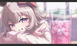  1girl absurdres animal_ears arms_on_table blue_eyes cup curren_chan_(umamusume) grey_hair grin hair_ribbon head_on_arm highres horse_ears horse_girl ice index_finger_raised kasei_ovo light_blush open_mouth ribbon short_hair smile solo twitter_username umamusume 