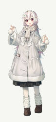  1girl :d absurdres black_skirt blue_hair blush bow coat commentary_request earmuffs enuni flower fringe_trim full_body grey_background grey_coat grey_scarf hair_flower hair_ornament hands_up highres holding long_sleeves looking_at_viewer loose_socks multicolored_hair original pantyhose pink_hair plaid_clothes plaid_skirt pleated_skirt pom_pom_(clothes) puffy_long_sleeves puffy_sleeves rabbit_earmuffs red_eyes scarf shirt simple_background skirt smile socks solo standing streaked_hair white_bow white_flower white_pantyhose white_shirt white_socks 