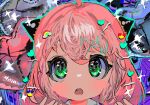  1girl absurdres anya_(spy_x_family) balloon bangs blush blush_stickers child female_child green_eyes hair_ornament hairpods heart heart_balloon highres looking_at_viewer momae_makku open_mouth pink_hair portrait solo sparkle spy_x_family 