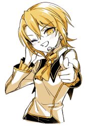  1girl alternate_costume ascot blonde_hair collared_shirt commentary_request foreshortening grin hands_up hasumi_leia highres long_sleeves looking_at_viewer mahou_shoujo_no_majo_saiban one_eye_closed partially_colored pointing pointing_at_viewer shirt short_hair simple_background smile solo suno_(imydream) white_background yellow_eyes yellow_theme 