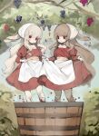  2girls absurdres animal_ears brown_hair bucket dot_mouth dress empty_eyes food fruit grape_stomping grapes head_scarf highres holding holding_clothes holding_dress light_brown_hair long_hair multiple_girls open_mouth original puffy_sleeves rabbit rabbit_ears red_dress red_eyes shirokujira very_long_hair 