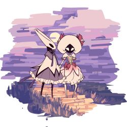  2girls akemi_homura akemi_homura_(magical_girl) arthropod_girl artist_name bow commentary dress dress_bow english_commentary frilled_dress frilled_skirt frills highres hollow_knight hollow_knight:_silksong hornet_(hollow_knight) kaname_madoka kaname_madoka_(magical_girl) lace_(hollow_knight) magical_girl mahou_shoujo_madoka_magica mahou_shoujo_madoka_magica_(anime) multiple_girls puffy_sleeves purple_skirt red_bow sitritea skirt 