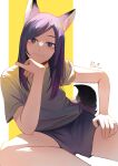  1girl :3 animal_ear_fluff animal_ears bangs blush eden_(eden871225) elbow_rest fox_ears fox_girl fox_tail hand_on_own_chin hand_on_own_thigh head_rest highres long_hair looking_at_viewer original parted_bangs purple_hair shirt short_sleeves shorts signature sitting slit_pupils smile solo t-shirt tail thick_eyebrows violet_eyes 