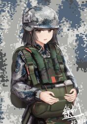  1girl absurdres backpack bag camouflage camouflage_background dated digital_camouflage grey_eyes helmet highres looking_at_viewer miliki military_combat_uniform military_uniform original people's_liberation_army signature solo 