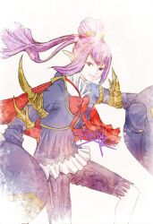 1girl alternate_skin_color bow bowtie cape copyright_name elf elvaan final_fantasy final_fantasy_xi final_fantasy_xiv hair_bun long_hair pointy_ears ponytail prishe purple_hair purple_shorts red_bow red_bowtie red_cape ruka_(blueplus84) shorts simple_background single_hair_bun solo violet_eyes white_background 