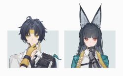  1boy 1girl animal_ear_fluff animal_ears aqua_jacket arm_out_of_sleeve asaba_harumasa black_hair black_necktie blunt_bangs blush closed_mouth fox_ears fox_girl gauntlets gloves hand_on_own_chin hand_up hashtag-only_commentary headband highres hoshimi_miyabi jacket long_hair necktie parted_bangs partially_fingerless_gloves r_2ibunnn red_eyes shirt short_hair single_gauntlet upper_body white_shirt yellow_eyes yellow_gloves yellow_headband zenless_zone_zero 