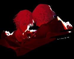  2boys artist_name black_background closed_eyes closed_mouth commentary crying dante_(devil_may_cry) devil_may_cry_(series) devil_may_cry_4 english_commentary eyelashes fingerless_gloves gloves hand_on_another's_back hand_on_another's_shoulder highres jacket jewelry lin09 male_focus monochrome multiple_boys nero_(devil_may_cry) red_theme ring short_hair simple_background 