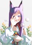  1girl animal_ear_fluff animal_ears bangs blush bubble bubble_blowing dress eden_(eden871225) floral_print fox_ears fox_girl hair_over_shoulder highres holding jacket leaf long_hair long_sleeves looking_at_viewer off_shoulder ok_sign open_mouth original parted_bangs plant purple_hair scarf signature slit_pupils solo spaghetti_strap thick_eyebrows violet_eyes 