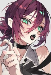 1girl absurdres bare_shoulders black_choker black_ribbon breasts chainsaw_man choker collared_shirt commentary_request green_eyes grenade_pin grey_background hair_between_eyes hair_bun highres looking_at_viewer medium_breasts medium_hair neck_ribbon open_mouth purple_hair reze_(chainsaw_man) ribbon shirt sleeveless sleeveless_shirt solo updo upper_body walk43049101art white_shirt 