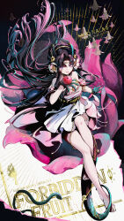  1girl anjo_nala anjo_nala_(forbidden_fruit) apple barefoot black_hair black_horns character_name demon_girl demon_horns dress english_text floating_hair flower food fruit full_body gloves gold_choker green_gloves green_tail hair_flower hair_ornament highres holding holding_food holding_fruit horns jacknavy lizard_tail long_hair official_alternate_costume on_flower parted_lips pink_flower reverse:1999 sitting sleeveless sleeveless_dress smile solo tail very_long_hair violet_eyes white_dress white_flower 