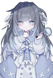  1girl :< arazan_(ara_arazan24) bandaid bandaid_on_finger bandaid_on_hand black_hair blue_cape blue_dress blue_eyes blue_hair blunt_bangs buttons cape colored_inner_hair commission detective double-breasted dress frilled_dress frills gradient_hair hair_intakes hair_ribbon hand_on_own_chin heterochromia holding holding_magnifying_glass indie_virtual_youtuber long_hair long_sleeves magnifying_glass mole mole_under_eye multicolored_hair pale_color puffy_long_sleeves puffy_sleeves ribbon sidelocks simple_background skeb_commission solo standing straight-on stroking_own_chin tantei_hatena thinking two-tone_dress virtual_youtuber white_background white_dress white_ribbon yellow_eyes 