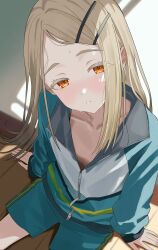  1girl absurdres blonde_hair blue_jacket blue_shorts blush collarbone colored_eyelashes flipped_hair from_above gakuen_idolmaster hair_ornament hairclip hands_on_floor highres idolmaster jacket long_hair looking_at_viewer looking_up orange_eyes pants parted_lips shadow shinosawa_hiro shorts sitting solo sweat tillots track_jacket track_pants wooden_floor zipper zipper_pull_tab 
