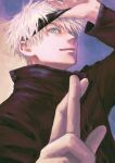  1boy arm_up bangs black_blindfold black_jacket blindfold blindfold_lift blue_eyes closed_mouth crossed_fingers gojou_satoru highres jacket jujutsu_kaisen long_sleeves looking_at_viewer male_focus short_hair smile solo sou_88 upper_body white_hair 