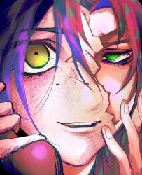  2boys animal crack cracked_kawaii_mask cracked_mask cracked_skin diavolo g4rb4ge_b0x green_eyes highres holding holding_phone jojo_no_kimyou_na_bouken male_focus multiple_boys open_mouth phone portrait purple_hair purple_sweater red_hair short_hair solo split_theme spotted_hair sweater teeth uneven_eyes vento_aureo vinegar_doppio 