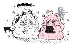  >_< ahoge blue_archive commentary_request e_v_e_neko fluffy halo highres hina_(blue_archive) horns hoshino_(blue_archive) pink_hair white_background wings 