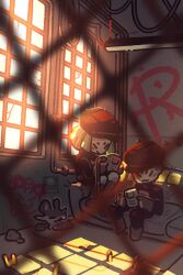  1boy 1girl buck_teeth chain-link_fence commentary english_commentary fence game_boy game_boy_(original) game_link_cable graffiti green_hair handheld_game_console highres holding holding_handheld_game_console indoors logo meowth mouse_(animal) petite_echorizon playing_games pokemon pokemon_(creature) rattata team_rocket team_rocket_grunt team_rocket_uniform teeth 