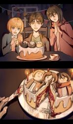  1girl 2boys aminogoose77 armin_arlert black_hair blonde_hair blue_cardigan blue_eyes brown_hair cake cake_slice candle cardigan chair child collared_shirt cup eren_yeager facial_hair food green_eyes grey_eyes grey_jacket grey_shirt hair_between_eyes highres holding holding_knife jacket knife long_hair mikasa_ackerman multiple_boys open_mouth own_hands_clasped own_hands_together parted_bangs pennant pink_cardigan red_scarf saucer scarf shingeki_no_kyojin shirt sitting smile table teacup white_shirt window 