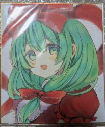  1girl bow front_ponytail green_eyes green_hair hair_bow hair_ribbon highres hoshi_tea_party kagiyama_hina looking_at_viewer open_mouth photo_(medium) ribbon solo touhou white_background 