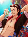  1boy abs absurdres black_hair commission commissioner_upload cup drinking_straw eyewear_on_head fire_emblem fire_emblem:_thracia_776 fire_emblem_heroes highres holding holding_cup hunnymzdraws jewelry looking_at_viewer necklace reinhardt_(fire_emblem) smile sunglasses 