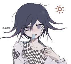  1boy adjusting_scarf black_hair checkered_clothes checkered_scarf collarbone commentary_request danganronpa_(series) danganronpa_v3:_killing_harmony flipped_hair food food_in_mouth hair_between_eyes highres hot long_sleeves looking_at_viewer male_focus melting_popsicle oguma_(ogm) oma_kokichi popsicle popsicle_in_mouth portrait purple_hair scarf short_hair simple_background solo sweat twitter_username violet_eyes white_background 