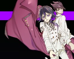  2boys arm_belt black_background black_hair blood blood_on_clothes blood_on_face buttons checkered_clothes checkered_scarf commentary_request cowboy_shot danganronpa_(series) danganronpa_v3:_killing_harmony facial_hair flipped_hair goatee hair_between_eyes hamipuro hand_on_own_hip height_difference highres holding injury jacket long_sleeves looking_at_viewer male_focus momota_kaito multicolored_buttons multiple_boys oma_kokichi pants partial_commentary purple_facial_hair purple_hair scarf shirt short_hair simple_background spiky_hair spoilers teeth two-tone_scarf violet_eyes white_shirt 