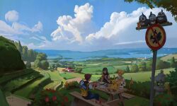  1girl 2boys absurdres azelf backpack bag barry_(pokemon) black_hair building bush chopsticks eating egg_(food) food grass green_necktie highres hikari_(pokemon) kolzura_art mesprit multiple_boys necktie picnic_table pikachu piplup poke_ball pokemon pokemon_(creature) road_sign scenery shirt sign sitting starly stone_lantern striped_clothes striped_shirt table uxie water 