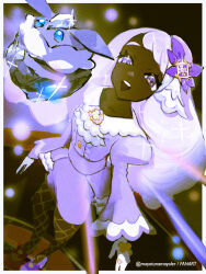  1girl :d border carbink commentary dark-skinned_female dark_skin dress eyelashes fishnet_pantyhose fishnets gloves highres jacinthe_(pokemon) long_sleeves looking_up mayotsunamayo open_mouth outside_border pantyhose pokemon pokemon_(creature) pokemon_legends:_z-a puffy_sleeves purple_dress purple_shoes shoes smile standing teeth tilted_headwear twitter_username upper_teeth_only violet_eyes white_border white_gloves 