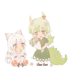  2girls :o absurdly_long_hair absurdres arm_belt baggy_pants belt belt_buckle black_shoes bouquet bow buckle chibi chinese_commentary collared_shirt commentary_request crossed_ankles dress ex-keine flower footwear_bow frilled_dress frills fujiwara_no_mokou giving_flower green_dress green_hair green_tail hair_between_eyes hair_bow hair_flower hair_ornament highres holding holding_bouquet horn_ornament horn_ribbon horns juliet_sleeves kamishirasawa_keine lace-trimmed_sleeves lace_trim large_bow long_dress long_hair long_sleeves mary_janes messy_hair miaoliang01075 multi-tied_hair multiple_girls multiple_hair_bows ofuda ofuda_on_clothes open_mouth pants pantyhose pink_flower puffy_long_sleeves puffy_sleeves red_belt red_bow red_eyes red_pants red_ribbon ribbon ribbon-trimmed_bow ribbon_trim shirt shoes short_sleeves simple_background sitting touhou two-tone_bow very_long_hair white_background white_bow white_hair white_pantyhose white_shirt yellow_horns yuri 