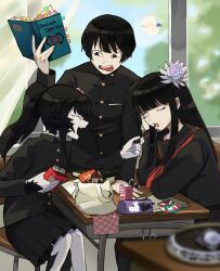  1boy 1girl 1other asahi_sas_brutus au_ra black_eyes black_hair black_horns black_scales black_tail blunt_bangs bowl_cut brother_and_sister commission commissioner_upload final_fantasy final_fantasy_xiv flower food glaa_da green_eyes hair_flower hair_ornament highres holding holding_notebook horns hyur izumi_tol_amulius long_hair mole mole_under_mouth moogle notebook open_mouth pencil_case pocky scales school school_uniform short_hair siblings skeb_commission snack straight_hair warrior_of_light_(ff14) yotsuyu_goe_brutus 