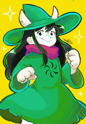  1girl alternate_costume animal_ears animal_hands buck_teeth claws colored_skin cosplay deltarune dog_ears dog_paws furry furry_female god_tier_(homestuck) green_robe grey_eyes hat highres homestuck jade_harley kl_oekaki light_blush pink_scarf ralsei ralsei_(cosplay) robe round_eyewear scarf smile solo sparkle teeth utdr_(toby_fox) white_skin wizard_hat yellow_background 