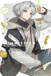 1boy ^^ bag character_request closed_mouth crystal eyebrows_visible_through_hair grey_hair hand_up highres holding holding_crystal hood hoodie jacket long_sleeves looking_at_viewer male_focus non-web_source open_clothes ripped_jeans shirt short_hair shoulder_bag smile solo star_(symbol) yellow_eyes yuanyunyu_3y