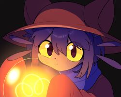  1other :< amatomato_0141 androgynous animal_hat black_background brown_coat brown_eyes brown_hat cat_hat check_commentary child closed_mouth coat colored_sclera commentary_request hair_between_eyes hat highres holding_bulb light_bulb long_sleeves looking_at_viewer medium_hair niko_(oneshot) object_to_cheek oneshot_(game) other_focus portrait purple_hair purple_scarf scarf sleeves_past_fingers sleeves_past_wrists underlighting yellow_sclera 